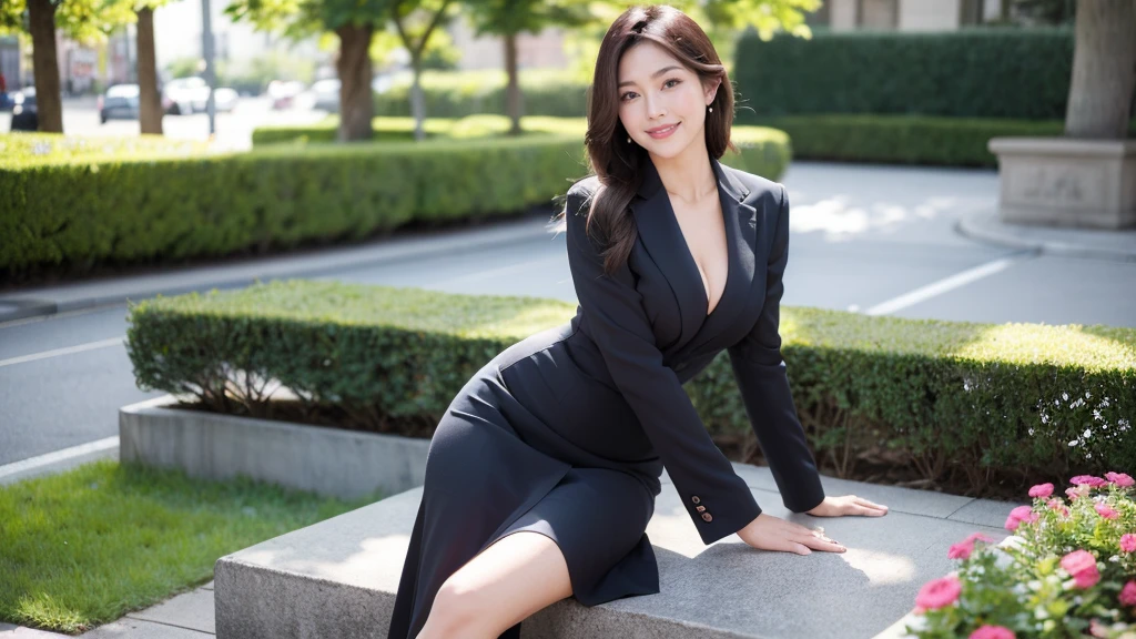 最high quality, In 8K, Masseter region, Vibrant, Sharp focus, high quality, High resolution, Detailed face, fine grain, Thick lips, (Looking at the audience), alone, Beautiful woman, 28 years old, Japanese women, (Long black hair:1.4), Cleavage, Lunch break、Large city park、Pink flower field、(sitting on a park bench:1.3)、(Full body photo:1)、(navy blue formal dress:1.5)、(Knee length dresses:1.5)、(Black pumps:1.5)、(Red lipstick:1)、(smile:1.3)、(Standard body type)、(D cup breasts)