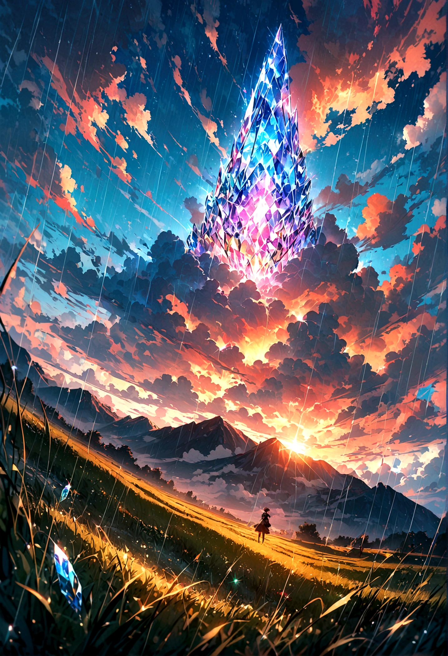 short hair,Beautiful sky, Beautiful clouds, rain,grassland,(Crystal clear rain sparkles in the sky), masterpiece,high resolution,Wide-angle lens
