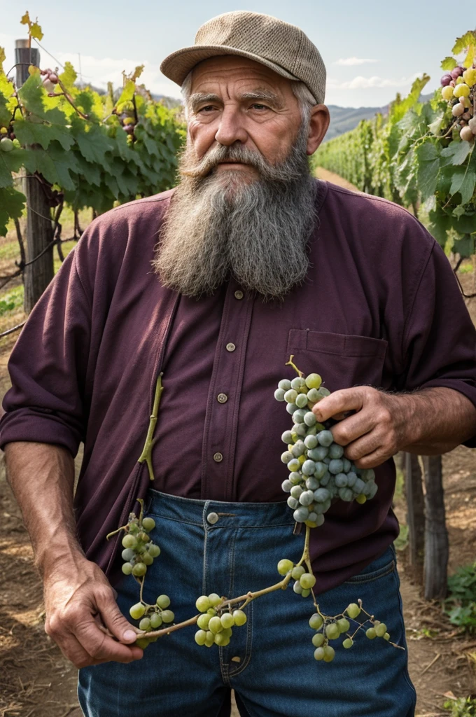 old man 80 years old beard big bunch of grapes vineyard