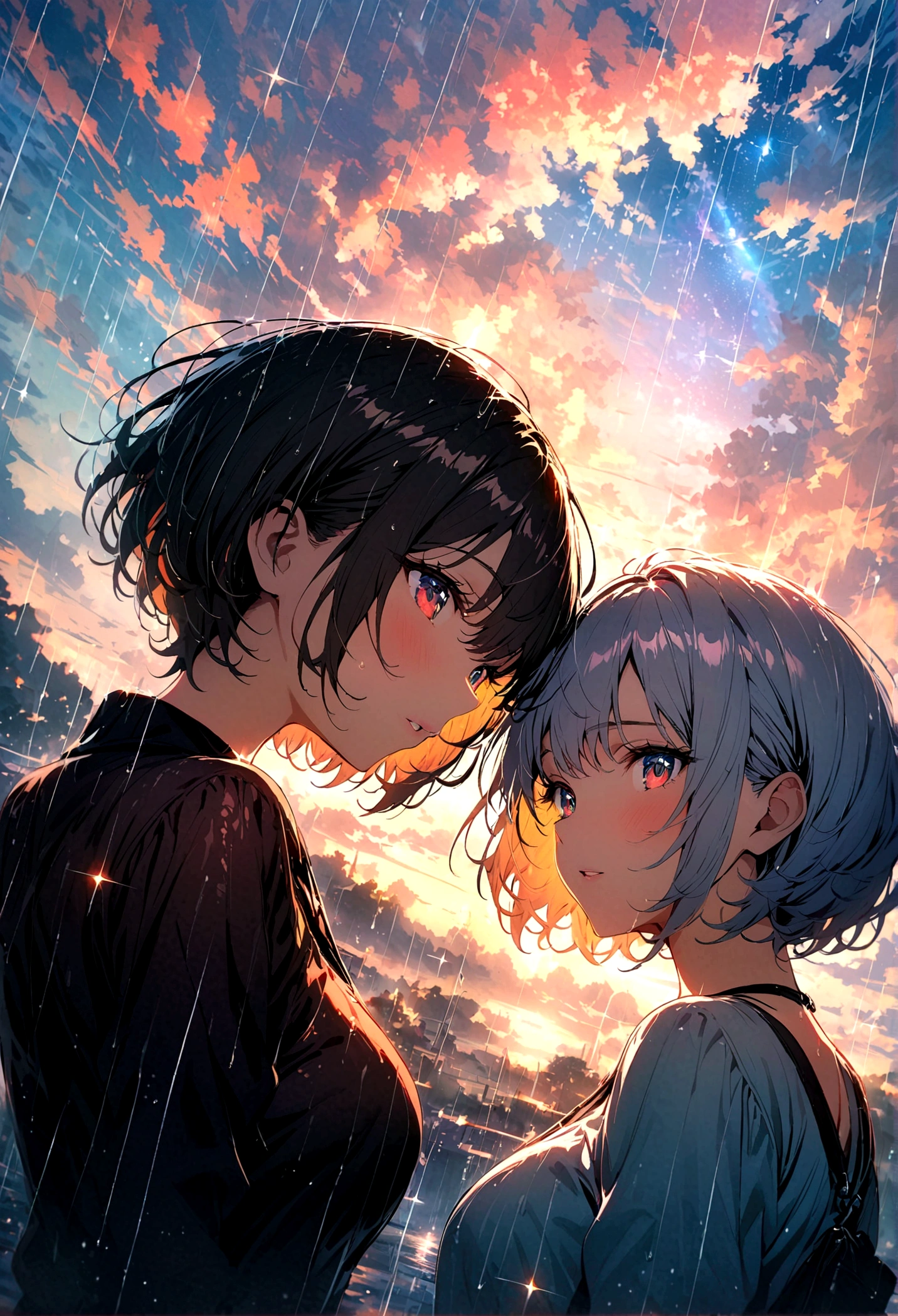short hair,Beautiful sky, Beautiful clouds, rain,(Crystal clear rain sparkles in the sky), masterpiece,high resolution,Wide-angle lens