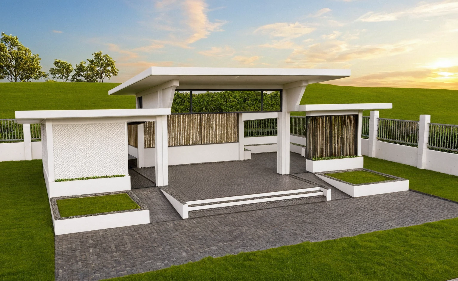 Masterpiece, high quality, best quality, authentic, super detail, outdoors, huts style modern, white concrete wall, field landscape, sunset, gate road, pavement, grass, trees, blue sky, cloud, (day:1.1), realistic lighting