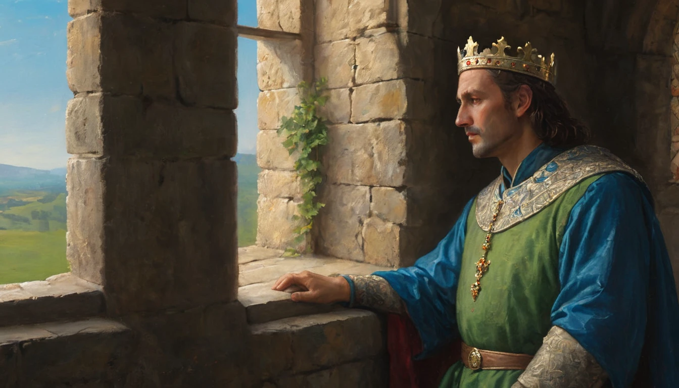 A medieval king meditates through a window of a medieval castle, close-up. The scene shows the king in a contemplative pose, with his face serene and thoughtful. He is dressed in a rich robe and a jeweled crown. Sunlight streams through the stone window, softly illuminating his face and highlighting the details of his crown and clothing. The window offers a view of a medieval landscape, with green hills and a clear blue sky. Details of the castle interior, such as stone walls and velvet curtains, add authenticity and depth to the scene. The king's expression reflects wisdom and reflection, capturing a moment of peace in his ruling life., Hyperrealism, Impressionism, UHD, retina, masterpiece, accurate, anatomically correct, textured skin, super detail, award winning, 8k