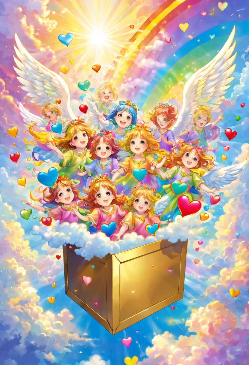 Happiness of angels, colorful hearts are overflowing from a golden box, sky, above the clouds, heaven, rainbow light heart, joy, sharing, happiness of angels, dance