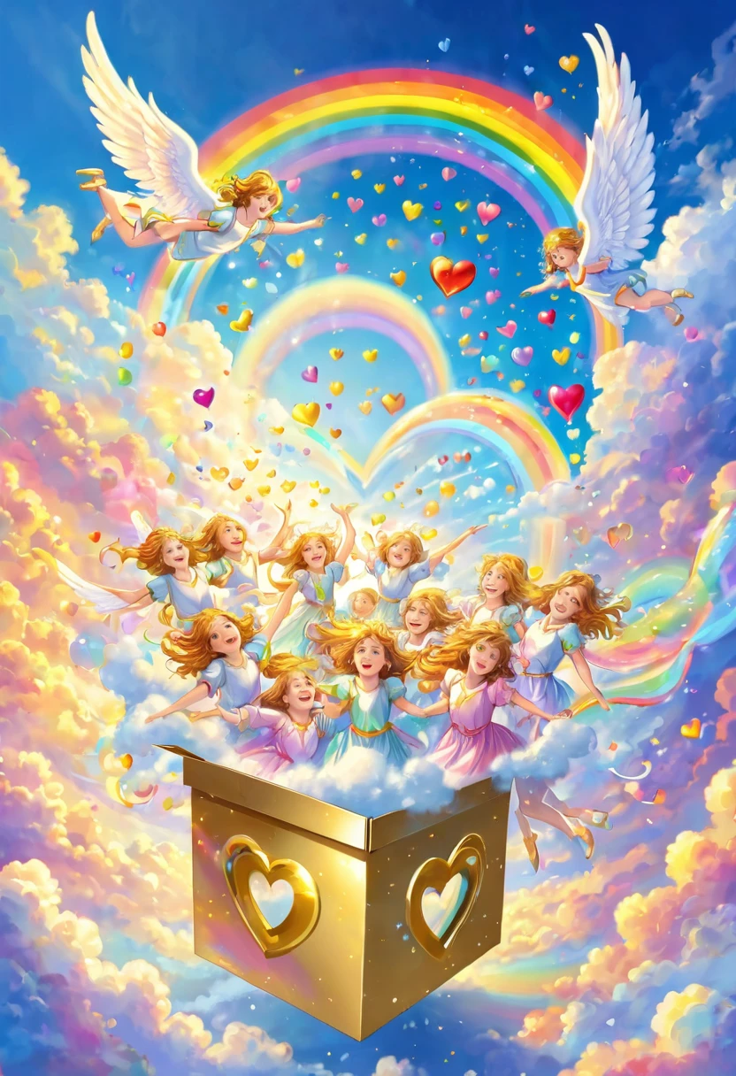Happiness of angels, colorful hearts are overflowing from a golden box, sky, above the clouds, heaven, rainbow light heart, joy, sharing, happiness of angels, dance