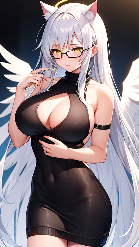 An 18 year old female angel with long, white hair, yellow eyes, white cat ears, and large white angel wings. yellow halo ring round white glasses (Black halter turtleneck, purekiller sweater, sleeveless, bare back, sexy blackdress.) White armband, hand touching lips, standing, looking down