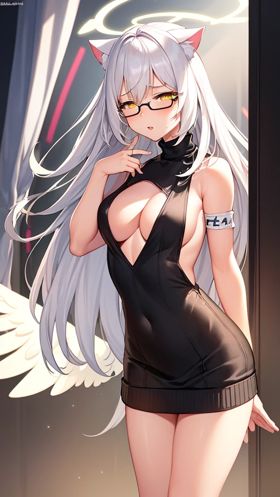 An 18 year old female angel with long, white hair, yellow eyes, white cat ears, and large white angel wings. yellow halo ring round white glasses (Black halter turtleneck, purekiller sweater, sleeveless, bare back, sexy blackdress.) White armband, hand touching lips, standing, looking down