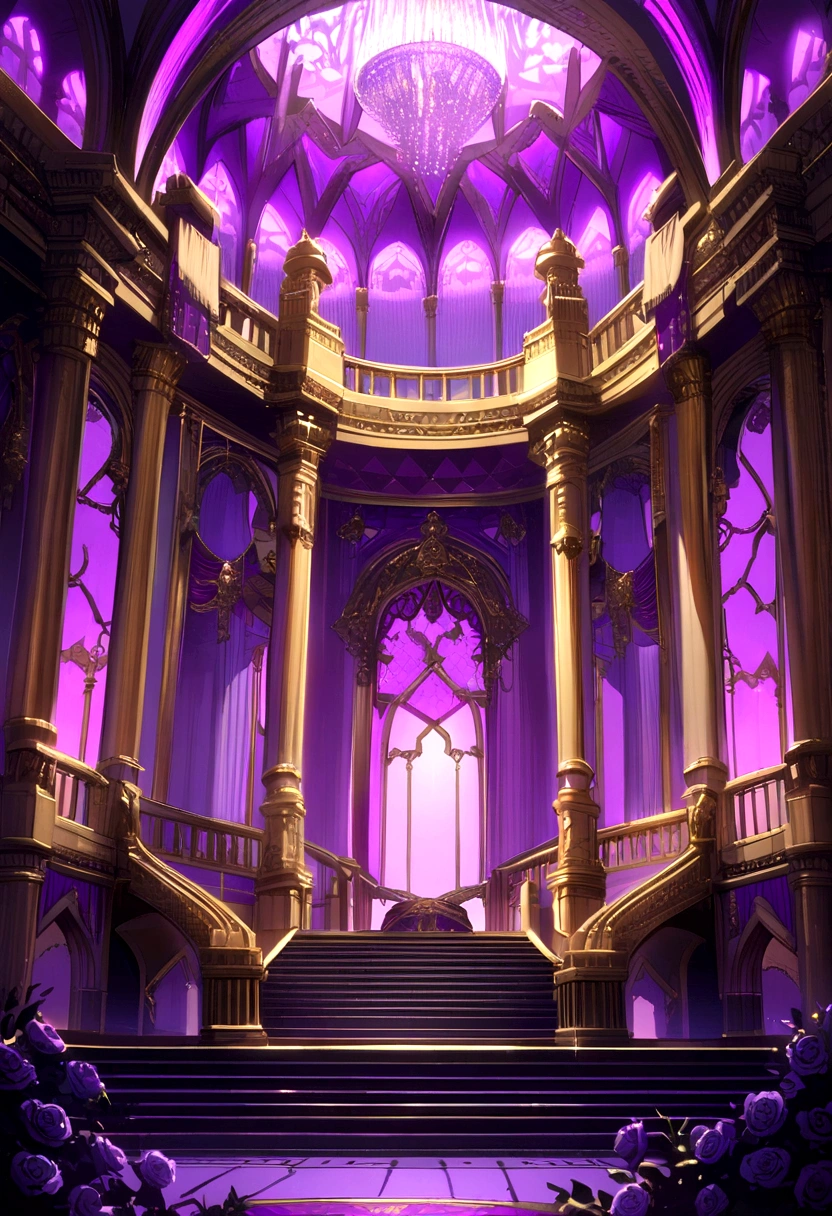 large palace with white walls and purple roofs, large garden with black roses, golden finishings , purple lighting