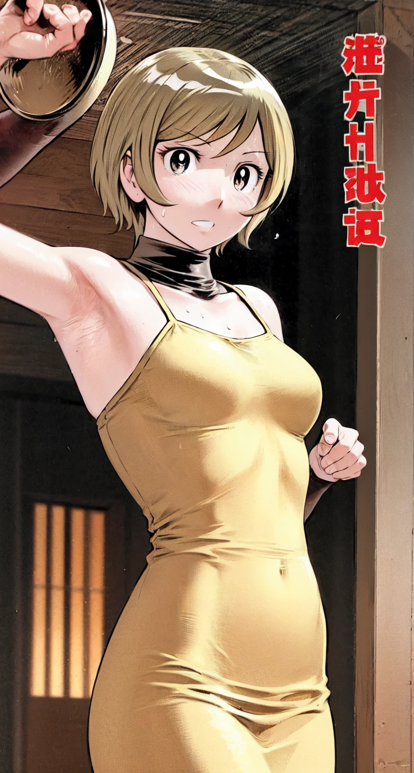 、(masterpiece、Highest quality)、Highest quality, Ultra-high resolution, (((masterpiece))), alone, Sweat、Big eyes, Please show me your armpits, No sleeve、Outdoor、Floral dress、Composition from the front、(Cut the back hair short、short hair、blonde、woman)、Shortcuts、Embarrassed face、Cut your hair short、可愛いwomanの子、Big Breasts