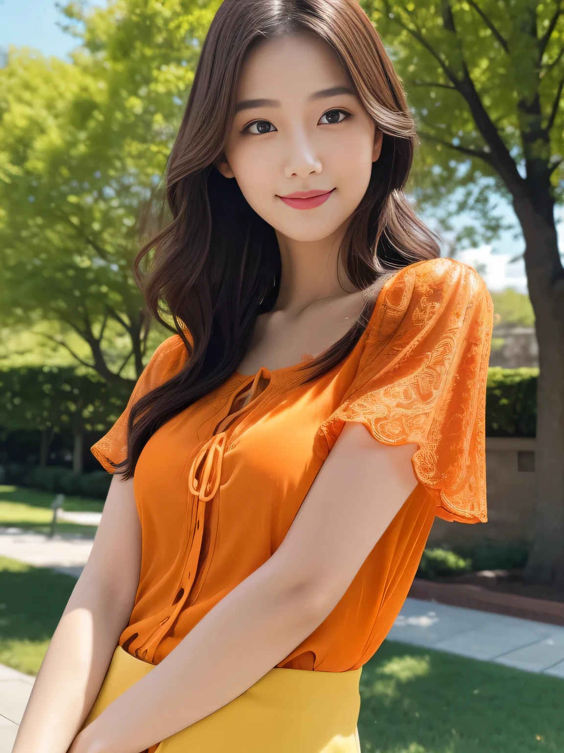 1 Girl,(Wearing an orange short-sleeved blouse:1.3),(RAW Photos, Highest quality), (Realistic, Realistic:1.4), Tabletop, Very delicate and beautiful, Very detailed, 2k wallpaper, wonderful, In detail, Very detailed CG Unity 8k wallpaper, Very detailed, High resolution, Soft Light, Beautiful detailed girl, Very detailed目と顔, Beautiful and sophisticated nose, Beautiful and beautiful eyes, Cinema Lighting, Spring afternoon park background, Perfect Anatomy, Slender body, smile, Wavy long hair, (Random body orientation), face looking at the camera,