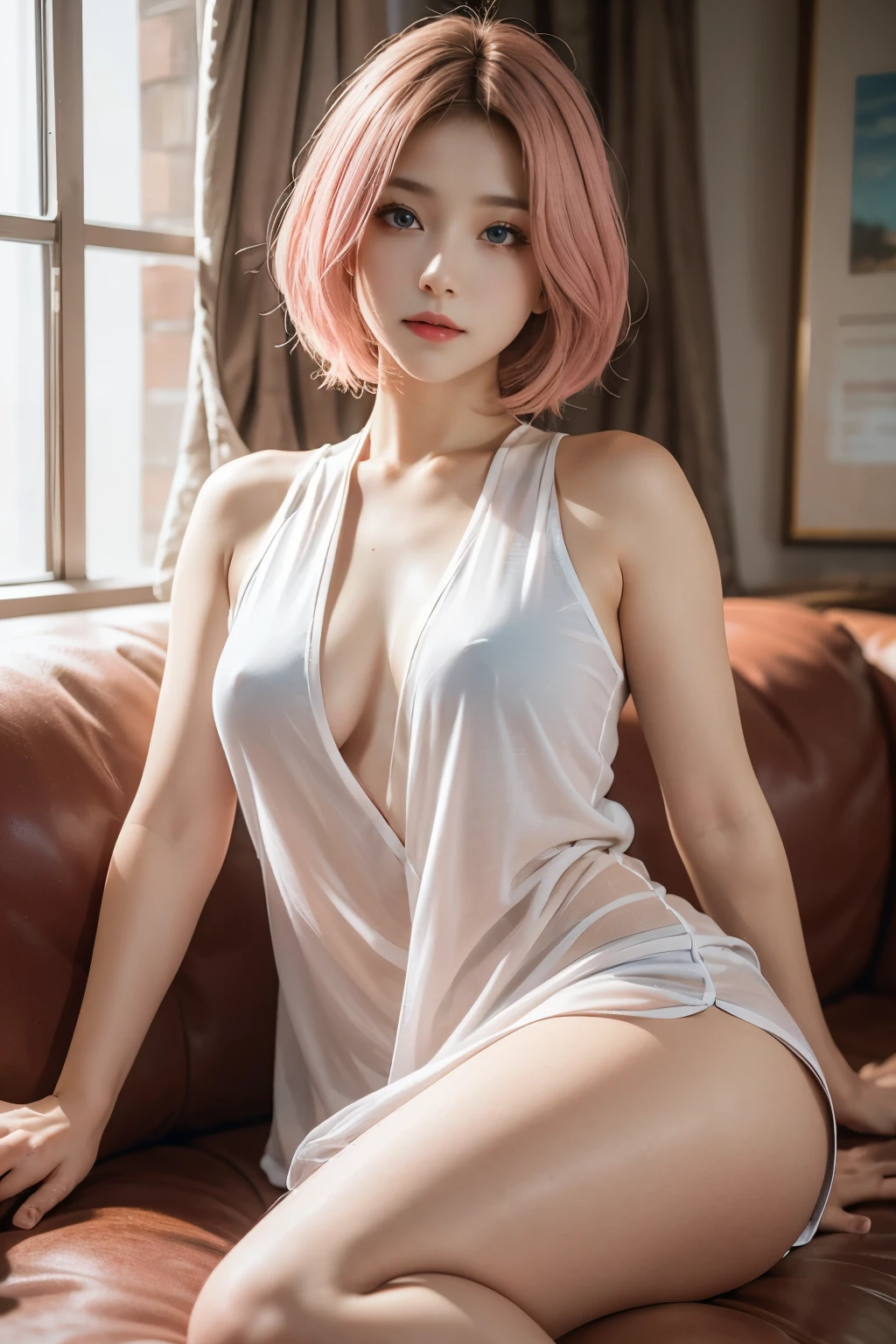 20yo woman, (masterpiece: 1.4), (8K, reality, original photo, best quality: 1.4), Japan, (1 girl), beautiful face, (Real faces: 1.4), (pink hair, short hair: 1.3), hairstyle, Realistic blue eyes, beautiful details eyes, (reality skin: 1.3), beautiful skin, Attractive, ultra high resolution, Super realistic, HD, golden ratio, (Detailed face: 1.4), (Japanese actor: estuary), Sheer vest,Pink short hair,WhiteTransparent,White,NSFW,big,big ass emphasized,The nipple areola is clearly shaped,looking into camera,Sitting on the sofa,pubic shape is transparent and clear,posture(Bend your knees and legs open)
