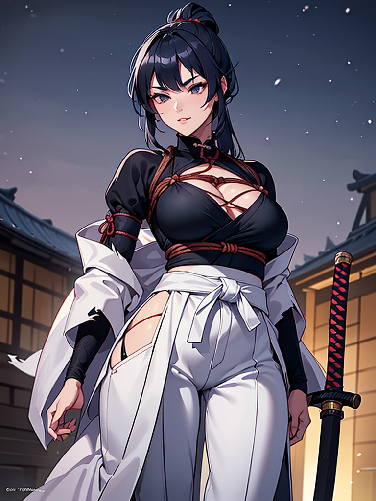 a female samurai, beautiful detailed eyes, beautiful detailed lips, extremely detailed face, long eyelashes,hyper realistic lighting,(super detailed:1.3),((best quality:1.2)),((masterpiece:1.2)),female focus,lonely beauty,(nighttime:1.6),(standing in a medieval streets),cowboy shot,cleavage,((shibari across bare breasts:1.125)),topknot,muted dark blue hair:1.1,(white samurai coat),(black samurai pants:1.3),(smug:1.1),(wide sleeves),(katana sword on hip:1.06),(torn pants),(torn sleeves:1.25)