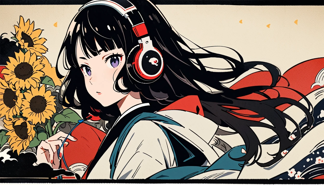 Highest quality, Katsushika Hokusai, Ink Painting, (((longhair))), Japanese style headphones, sunflower, beautiful girl, Black Hair, Delicate and precise, Modern ukiyo-e style,