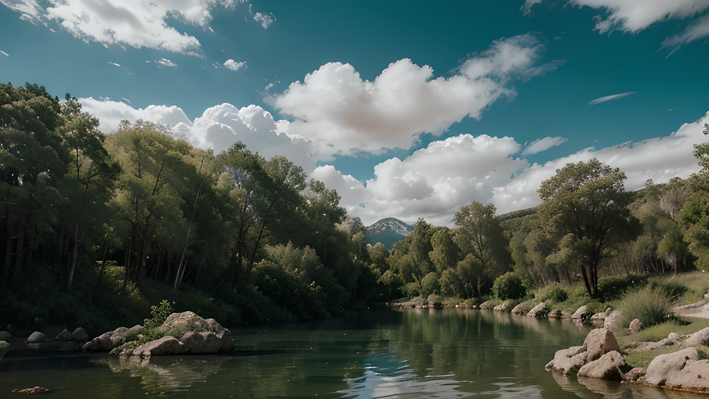 Bosque realista, hdr, chromatic aberration, water, clouds, rocks, ((insane image))