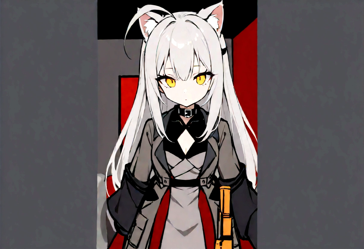 Gun on shoulder、(masterpiece, best quality:1.2), 1girl, 独奏,Black military uniform、Looking through the scope、Gray cat ears、Point your gun at us、Grey long hair、Ahoge、Yellow Eyes、Grey trench coat、Gray cat ears、The hoodie I took off was my carry-on baggage.、Ready your gun?、sniper rifle、Background of military bases、Fisheye Lens、battlefield、Shadows of light and darkness、Expressionless、Grim face、battle、Gray trench coat、Black knee socks、Cleavage、Black collar、Holding a black hoodie、Take off your black zip-up hoodie、Small breasts、Poor breasts、Flat Chest