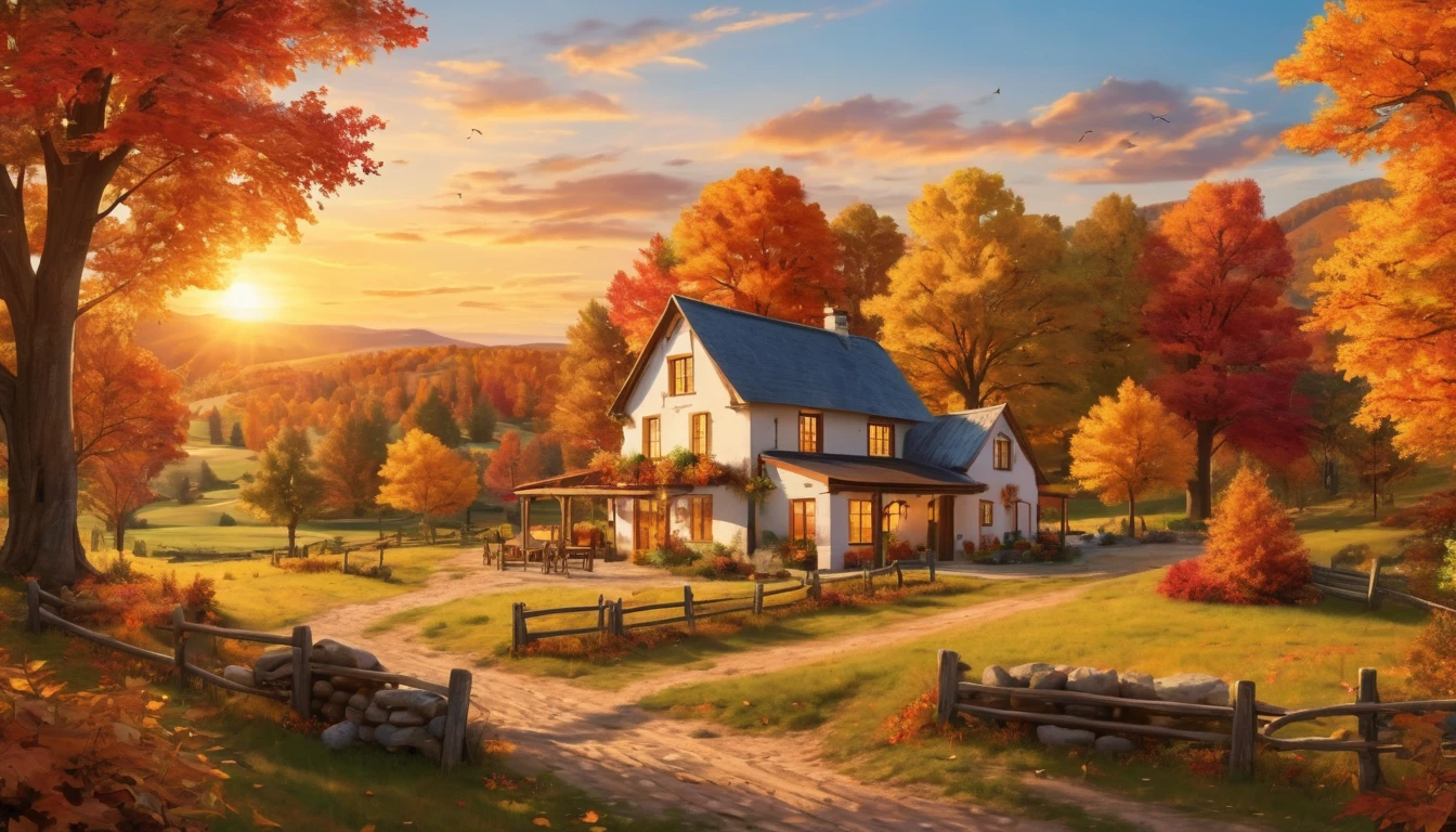 The farmhouse set in a serene autumn landscape with warm, vibrant foliage and a golden sunset. hyper realistic photo, vibrant color, 16k