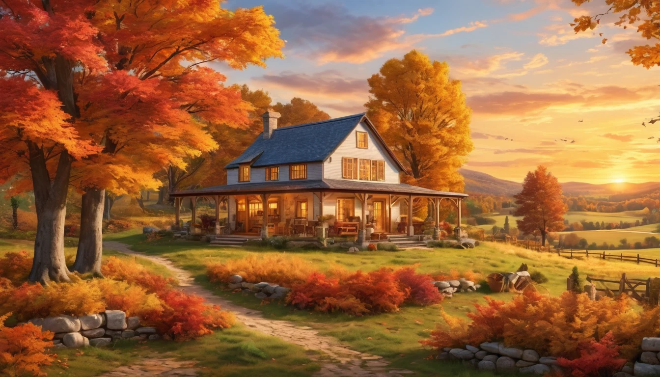 The farmhouse set in a serene autumn landscape with warm, vibrant foliage and a golden sunset. hyper realistic photo, vibrant color, 16k