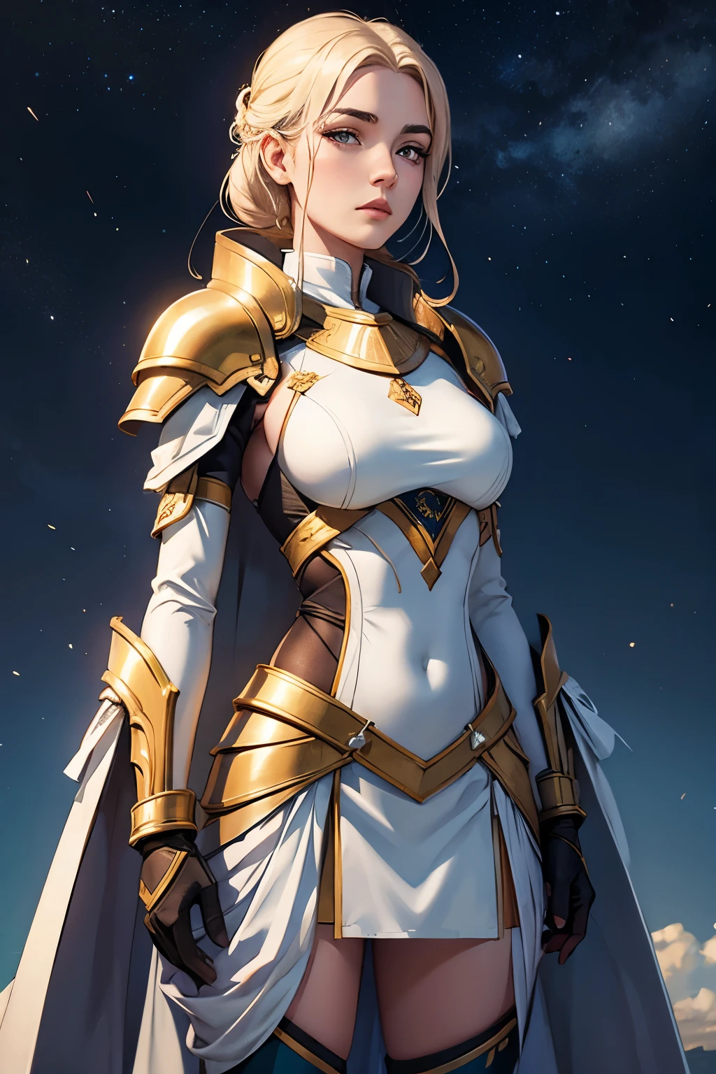 a beautiful young woman, kosmos,lots_far away_body hair, 1 girl, kosmos, standing alone, offwhite_armors,best qualityer, ultra high resolution,tokyo fashion,
