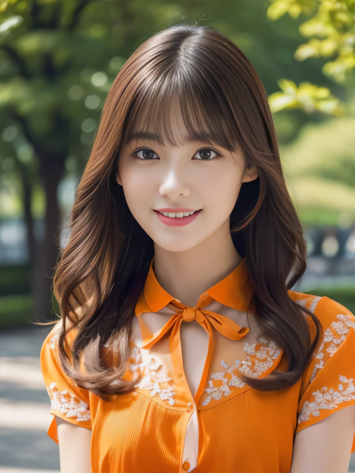 1 Girl,(Wearing an orange short-sleeved blouse:1.3),(RAW Photos, Highest quality), (Realistic, Realistic:1.4), Tabletop, Very delicate and beautiful, Very detailed, 2k wallpaper, wonderful, In detail, Very detailed CG Unity 8k wallpaper, Very detailed, High resolution, Soft Light, Beautiful detailed girl, Very detailed目と顔, Beautiful and sophisticated nose, Beautiful and beautiful eyes, Cinema Lighting, Spring afternoon park background, Perfect Anatomy, Slender body, smile, Wavy long hair, (Random body orientation), face looking at the camera,