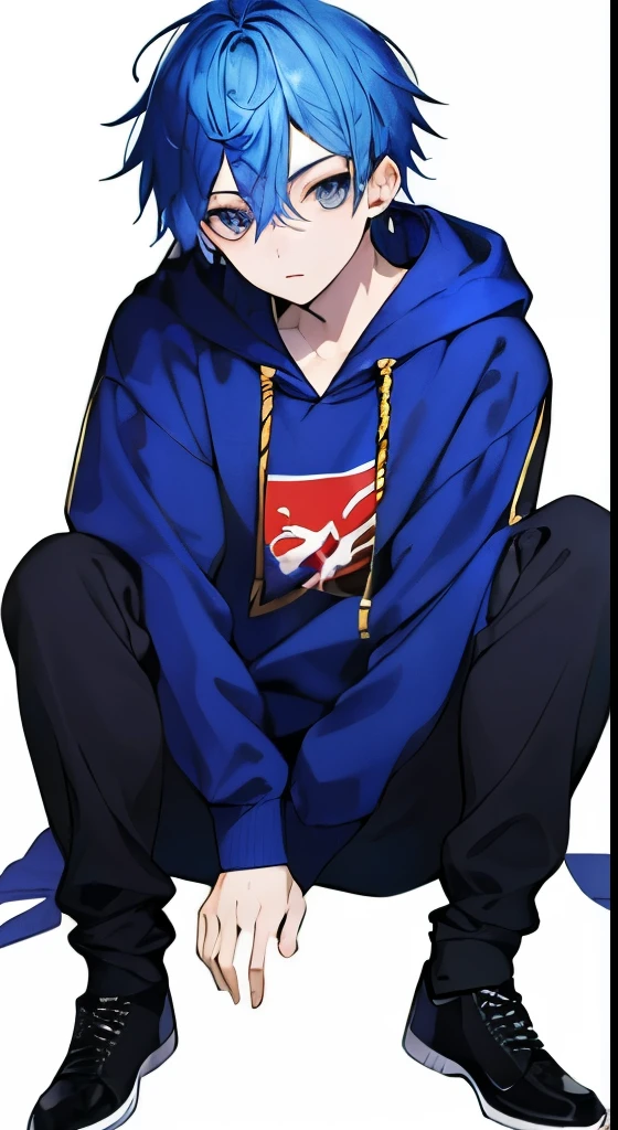 (masterpiece, Highest quality:1.2), (Ultra detailed face), (Very beautiful face), whole body, Male Focus, One boy, Blue Hair、Golden Eyes、Crouching、Sloppy sitting、Chinese Hoodie、Listless