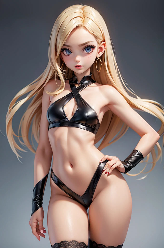 hyperrealistic 14 year old american teen, blonde, perfect tiny body, sexy, big earrings, dark makeup, perfect slim face, big red lips, very cute face, tiny body, big eyes, young looking, childish looking, ultra tight thigh-highs