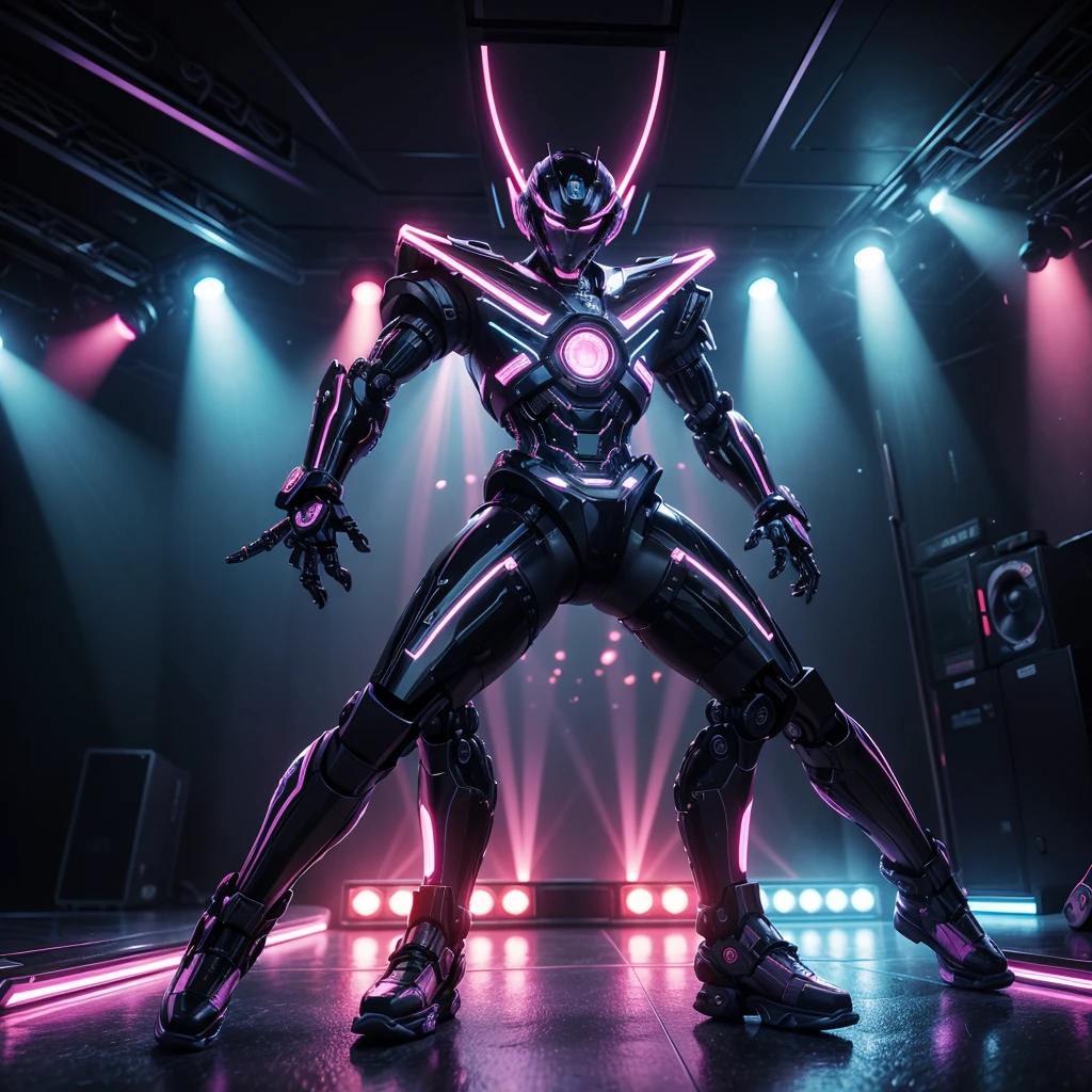 Design a 3D illustration of a cool, robotic rock star performing on a futuristic, neon-lit stage. The robot must be surrounded by flashing lights, speakers and musical instruments, with a crowd of robotic fans in the background. Style: Bold, futuristic and high energy, with bold metallic colors and dynamic lighting effects.