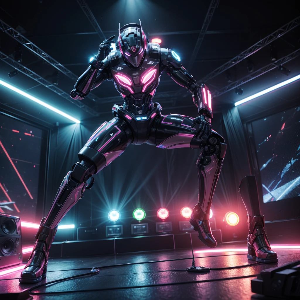 Design a 3D illustration of a cool, robotic rock star performing on a futuristic, neon-lit stage. The robot must be surrounded by flashing lights, speakers and musical instruments, with a crowd of robotic fans in the background. Style: Bold, futuristic and high energy, with bold metallic colors and dynamic lighting effects.