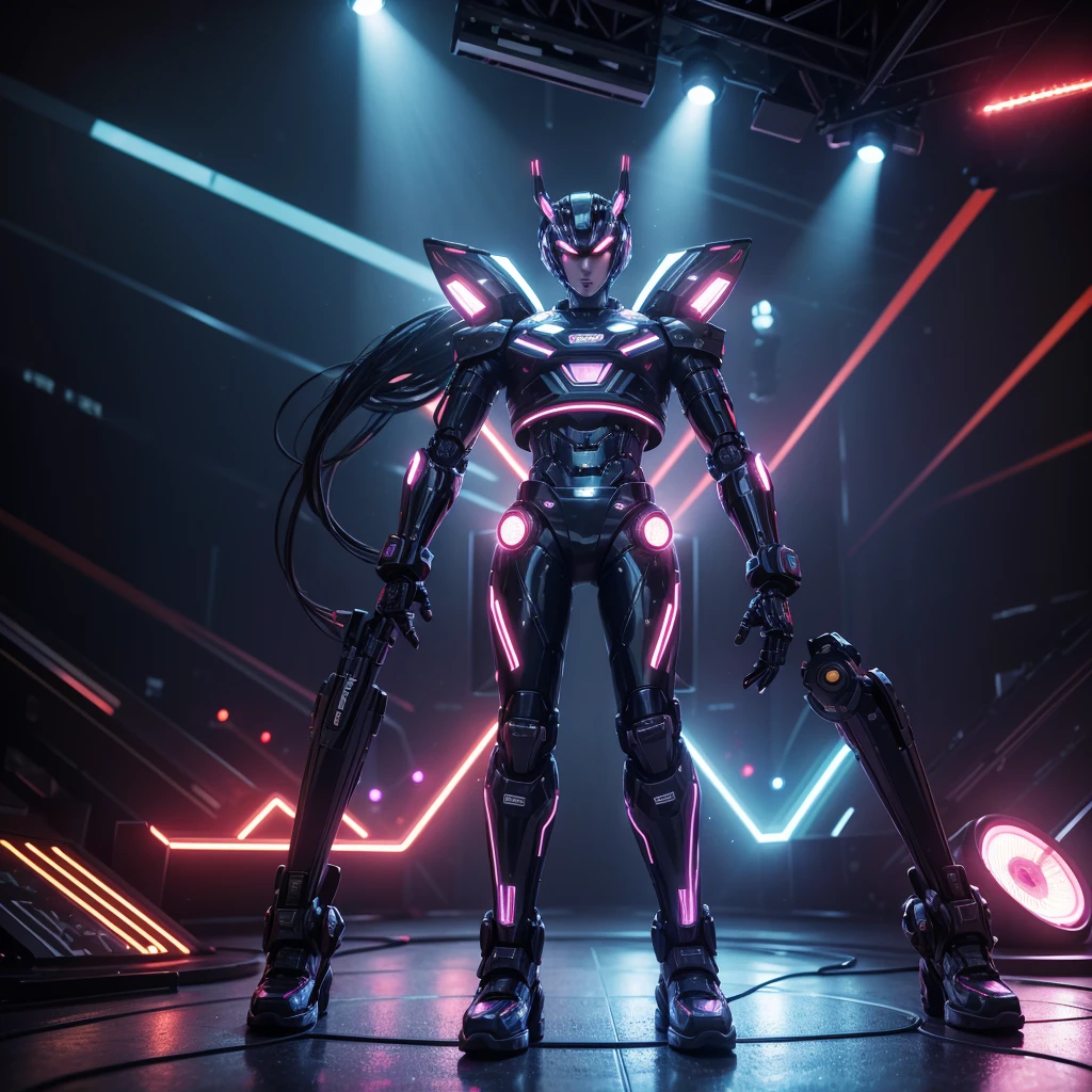 Design a 3D illustration of a cool, robotic rock star performing on a futuristic, neon-lit stage. The robot must be surrounded by flashing lights, speakers and musical instruments, with a crowd of robotic fans in the background. Style: Bold, futuristic and high energy, with bold metallic colors and dynamic lighting effects.