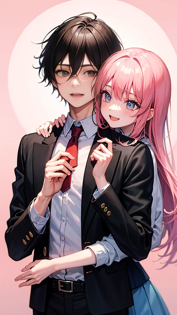 A male high school student in a uniform and a female high school student in a uniform are smiling and playing a game together、Cute anime style、Pastel painting style、Plain pink background