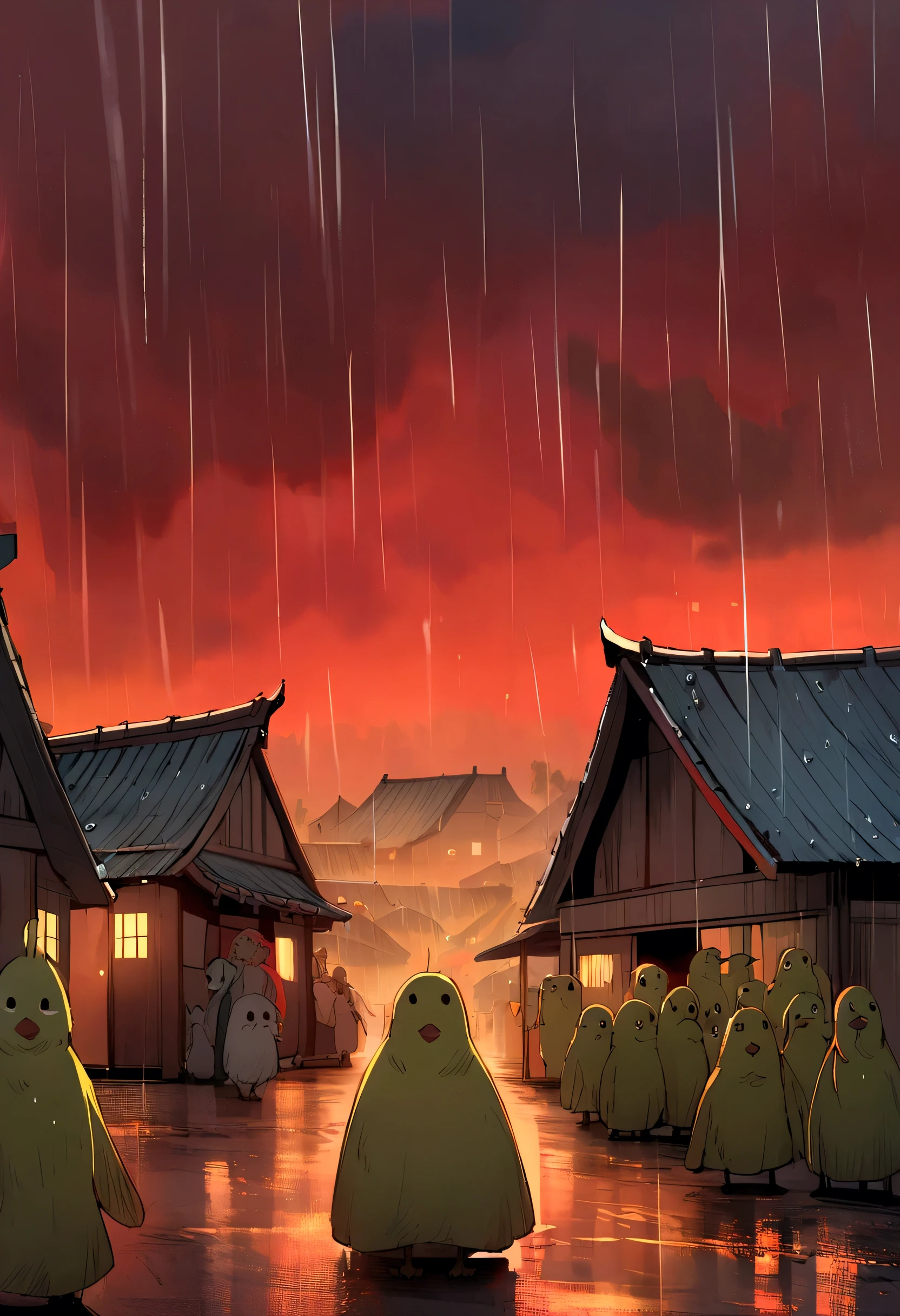 Canary bird 9 tails, red sky, rain, people's scary, dark, mostet, konoha Village