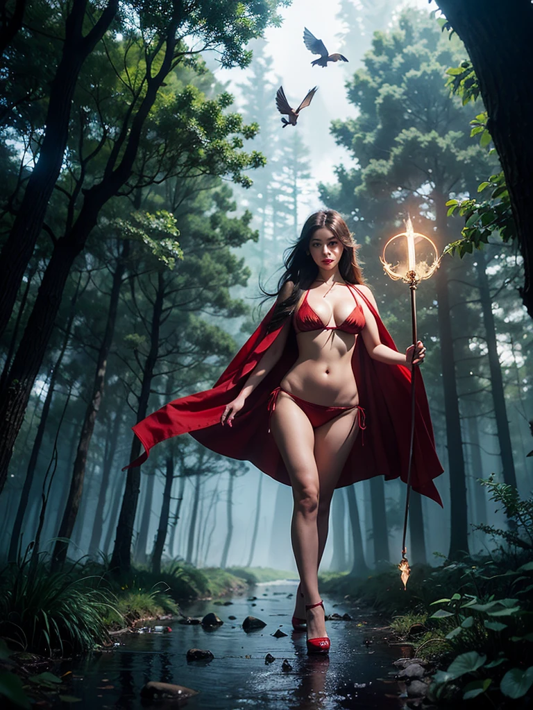 there is a Beautiful asian woman, red lips, thick long hair, red micro bikini, g string bikini, big breast, curve hourglass body, red high heels, walking on a dock with a bird flying in the background, mysterious girl, dramatic backgroung, portal to another world, shining portal, magic portal, portal with light, circle portal, novel cover art for a book, girl walking in dark forest, magical realism and dark fantasy, dreamy and ethereal and dark, by Lucia Peka, photomanipulation, eerie art style, looking through a shining portal