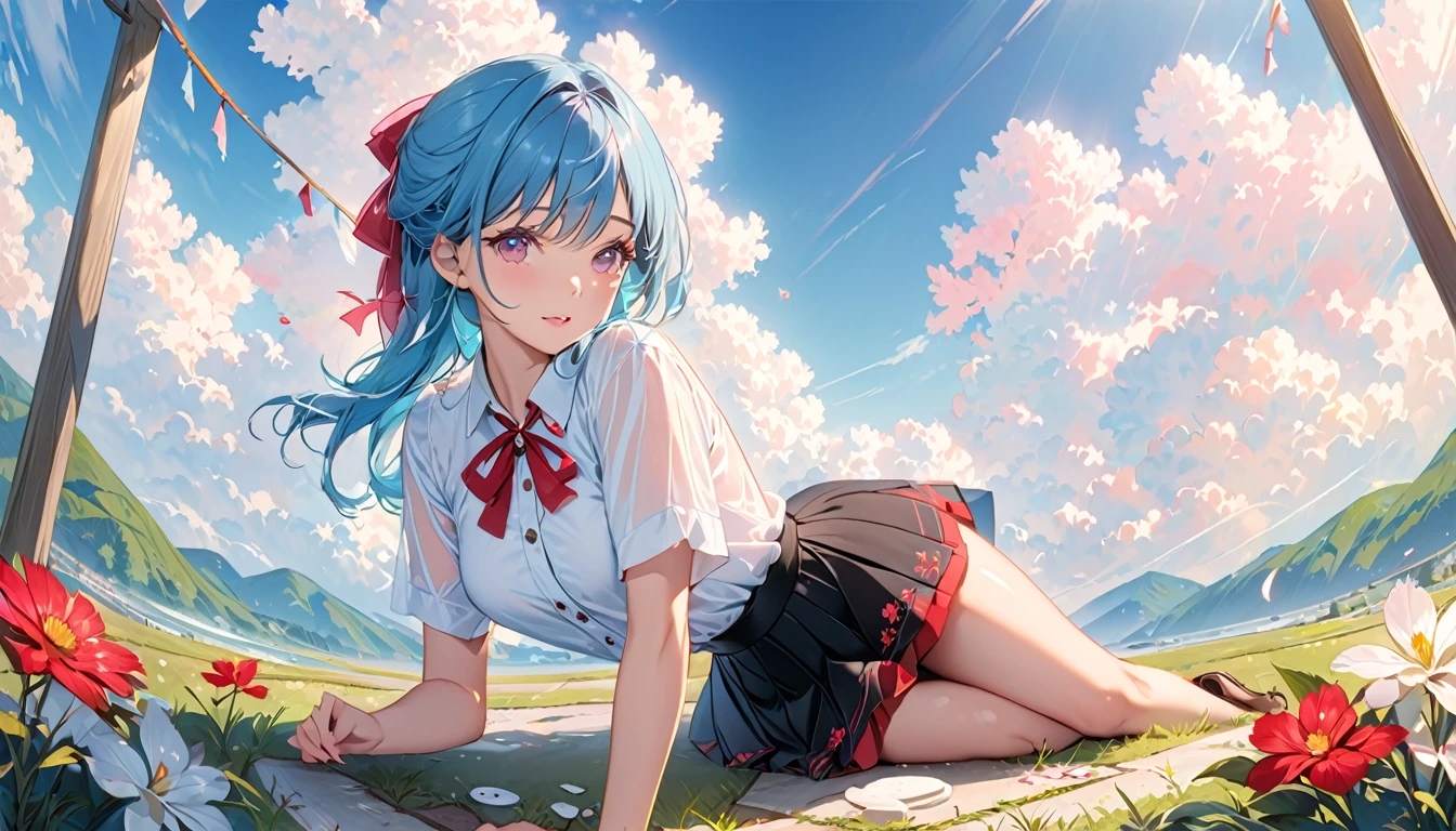 (detailedな美しい目とdetailedな顔、masterpieceサイドライト、masterpiece、Highest quality、detailed、High resolution illustrations)、(1 Girl、beautiful girl、Skin gloss)、(Sky Blue Hair、Pink Eyes、skirt、ribbon、Button-down shirt)(Kneel on the ground)