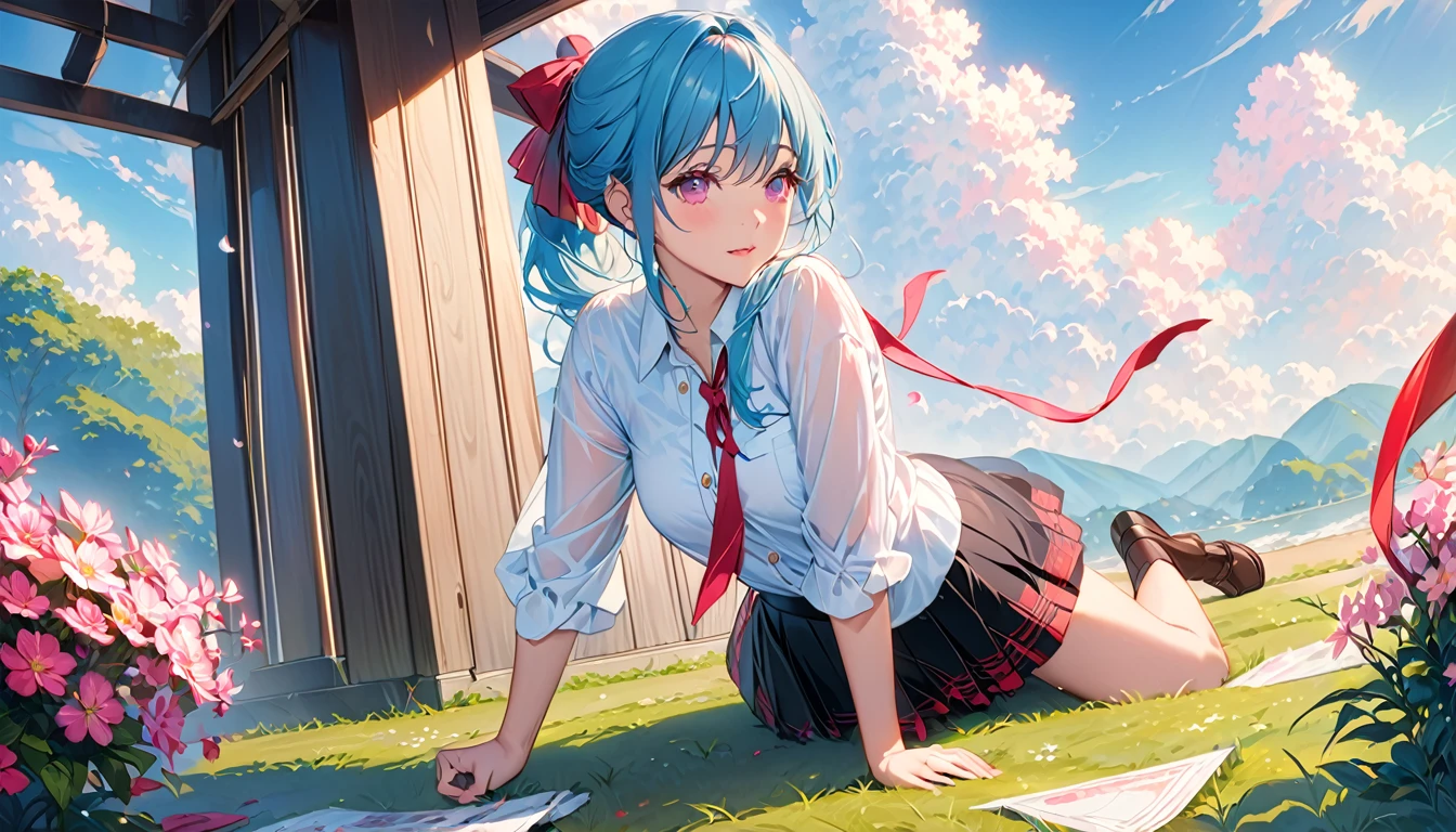 (detailedな美しい目とdetailedな顔、masterpieceサイドライト、masterpiece、Highest quality、detailed、High resolution illustrations)、(1 Girl、beautiful girl、Skin gloss)、(Sky Blue Hair、Pink Eyes、skirt、ribbon、Button-down shirt)(Kneel on the ground)