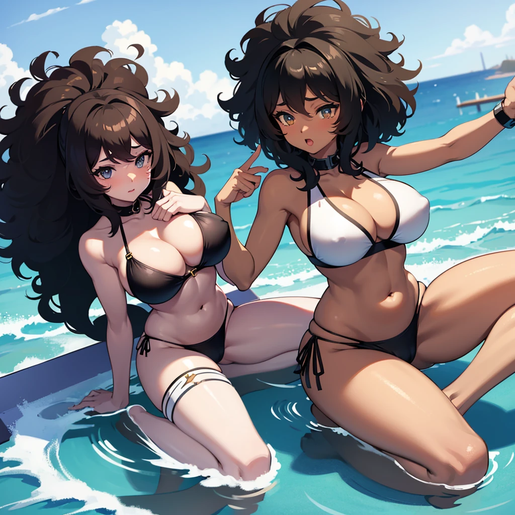 Anime girl with big breasts and big thighs with afro hair and black skin and bikini