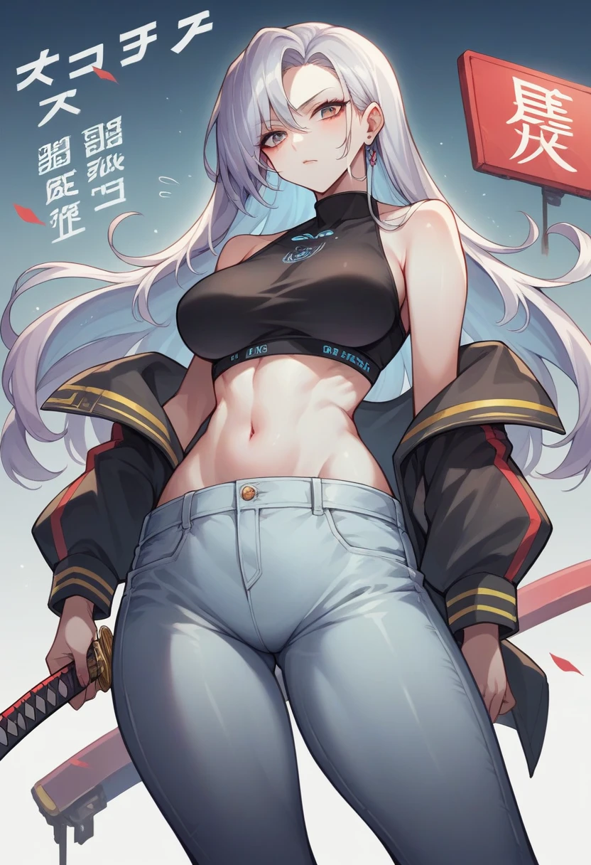 a futurist female warrior holding a katana, (finely detailed skin), pale skin, (in a deep neckline highly detailed sexy futurist cyberpunk black crop top and underpants made of circuit boards, Japanese words with reflection effect, beautiful epic composition, futurist, work of art, appealing, posing fror a picture