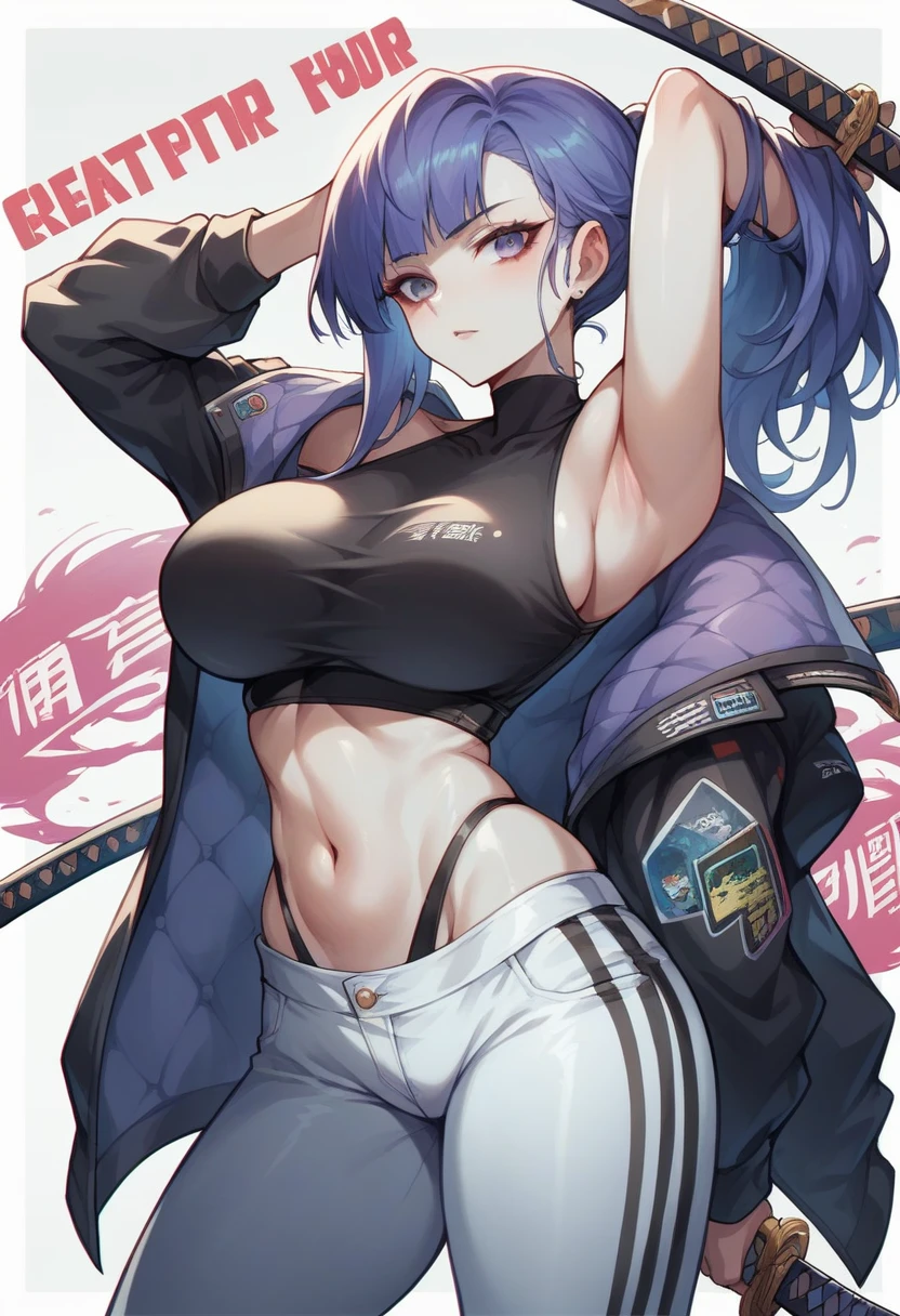 a futurist female warrior holding a katana, (finely detailed skin), pale skin, (in a deep neckline highly detailed sexy futurist cyberpunk black crop top and underpants made of circuit boards, Japanese words with reflection effect, beautiful epic composition, futurist, work of art, appealing, posing fror a picture