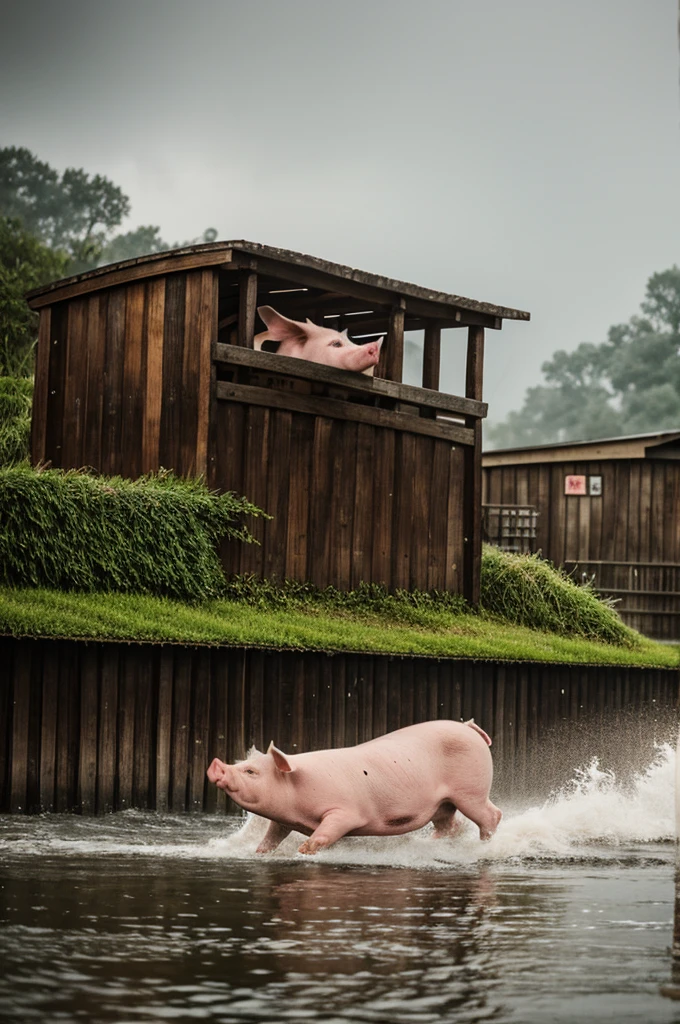 Pig sailing in barrel in rain 