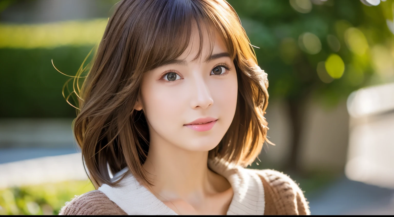 8K, top-quality, ​masterpiece, realisitic, Photorealsitic, ultra-detailliert, Natural sunlight, extremely detailed face and skin, A detailed eye, Highly detailed face-to-skin intermediate shots, Beautiful woman looking at camera, sexy  pose, Beautiful face, Realistic face, Detailed face, Beautiful hairstyle, Realistic eyes, Detailed eyes, Realistic skin, Detailed skin, Beautiful skin, Attractive, A hyper-realistic, Sexy cardigan, Gentle, Brown hair, cute Japanese girls, Full body