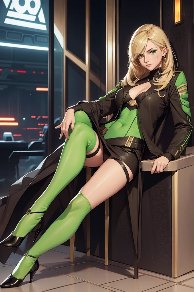 Female senator from Star Wars. Politcian. Coruscant background. Young, fit. Blonde longer hair. Green eyes. Wearing noble tighz clothes. High status. Visible stockings tight. High heel boots. Clothing is luxurious. Visible cameltoe