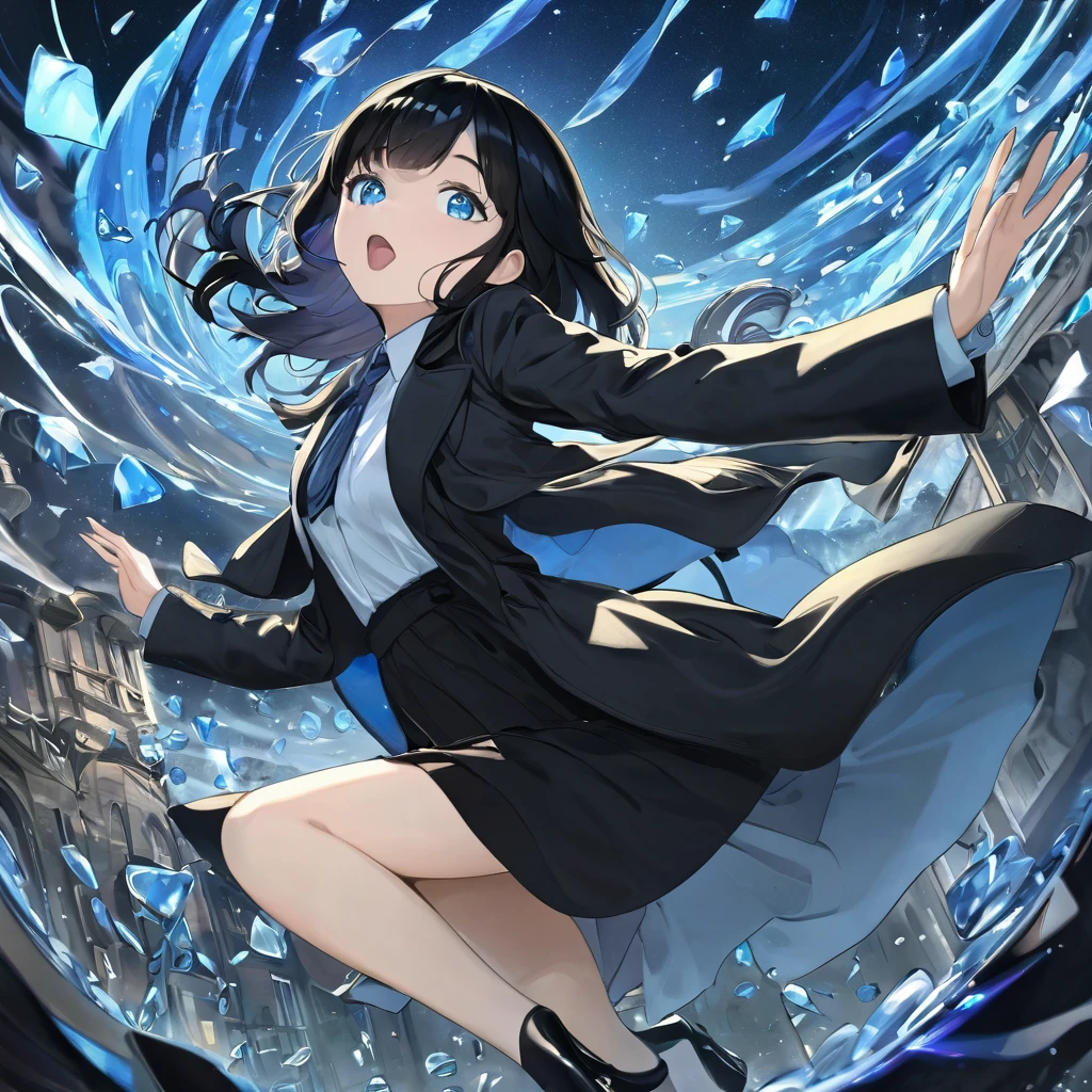 (Highest quality, masterpiece),(One girl, trench coat,expression, blue eyes, View your viewers, Black Hair, Mouth closed, Dress shirt, Black Skirt, Waving to the audience), (Reduce Blue Light, Blue glass shards swirling behind, Floating objects, Night Sky)
