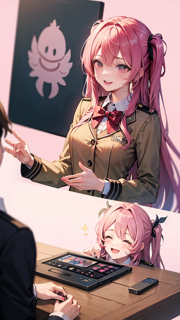 A male high school student in a uniform and a female high school student in a uniform are smiling and playing video games together、Cute anime style、Pastel painting style、Plain pink background