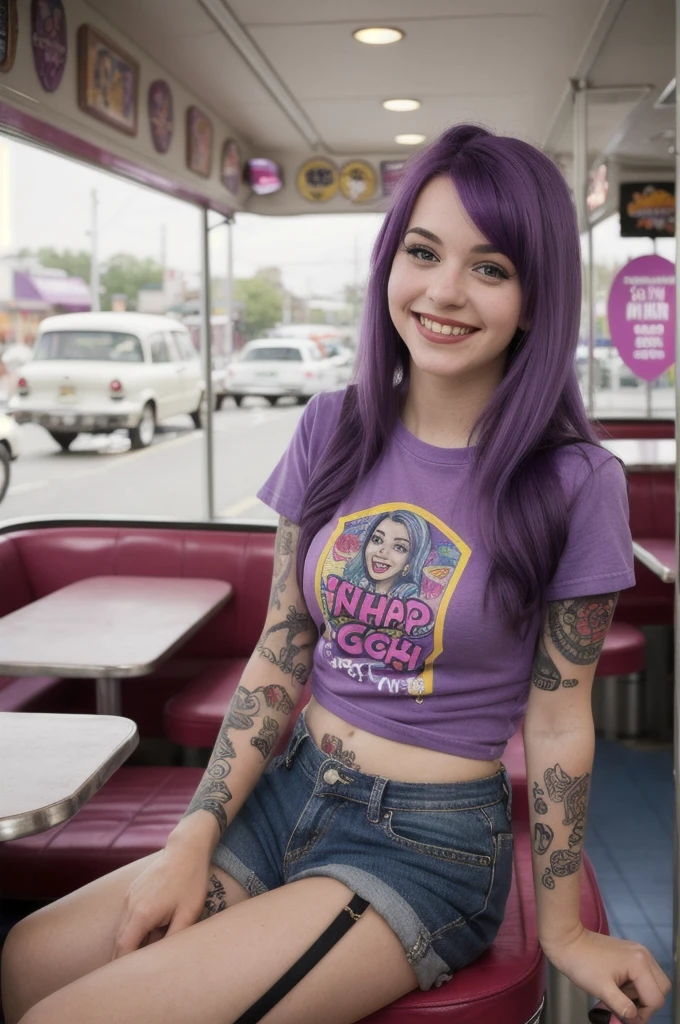 street photography photo of a young woman with purple hair, smile, happy, cute t-shirt, tattoos on her arms, sitting in a 50s diner