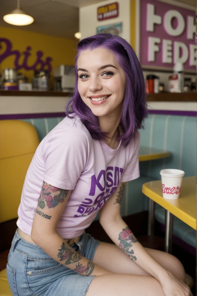 street photography photo of a young woman with purple hair, smile, happy, cute t-shirt, tattoos on her arms, sitting in a 50s diner 