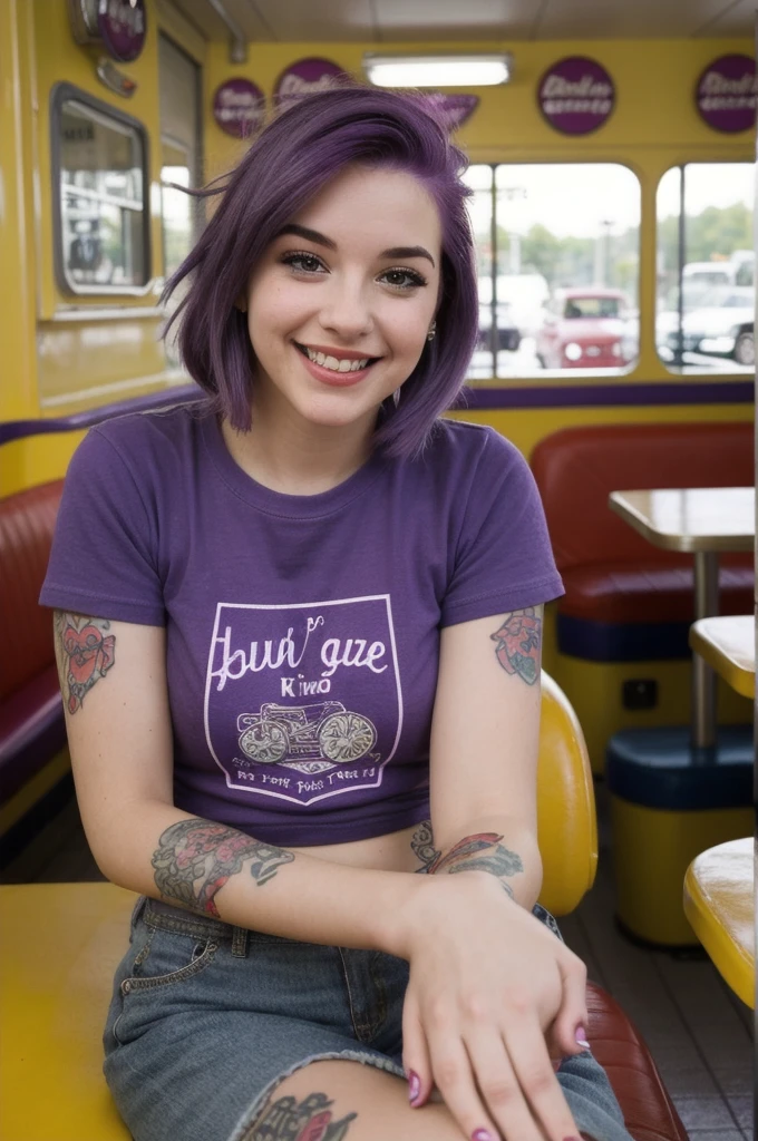 street photography photo of a young woman with purple hair, smile, happy, cute t-shirt, tattoos on her arms, sitting in a 50s diner 