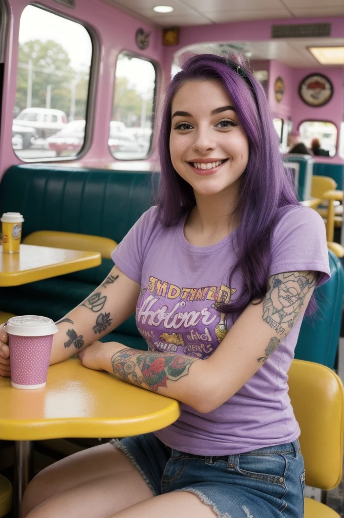 street photography photo of a young woman with purple hair, smile, happy, cute t-shirt, tattoos on her arms, sitting in a 50s diner