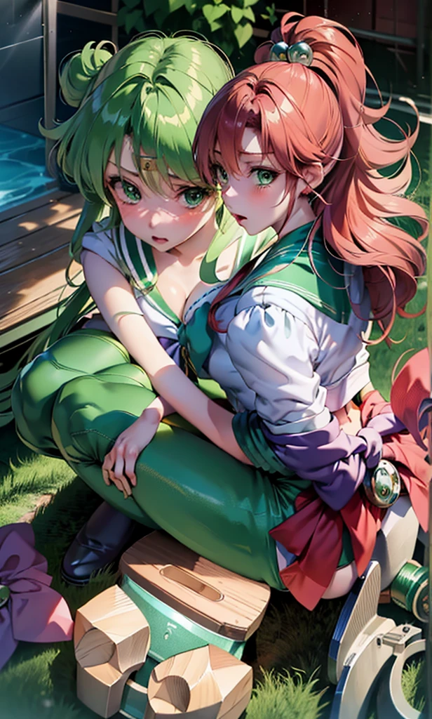Anime Girlsセーラー戦士。White panties、Beautiful Faces、Beautiful thighs、 with green hair and green stockings posing on a bed, seductive Anime Girls, beautiful Anime Girls squatting, the Anime Girls is crouching, I also make fan art, Beautiful and attractive anime , Anime Girlss, Naughty anime style, Highly detailed art gems, Anime Girls, Anime Goddess, Anime Moe Art Style, anime waifu, Lit from behind, Highest quality, One Girl, (Sailor Neptune),Green Hair, (Green Eyes:1.2),((sporty))、((Bike Pants))、Hair length、((Embarrassed expression))、((Bedroom))、((Backward view))、((Butt))、((Thigh-high socks))