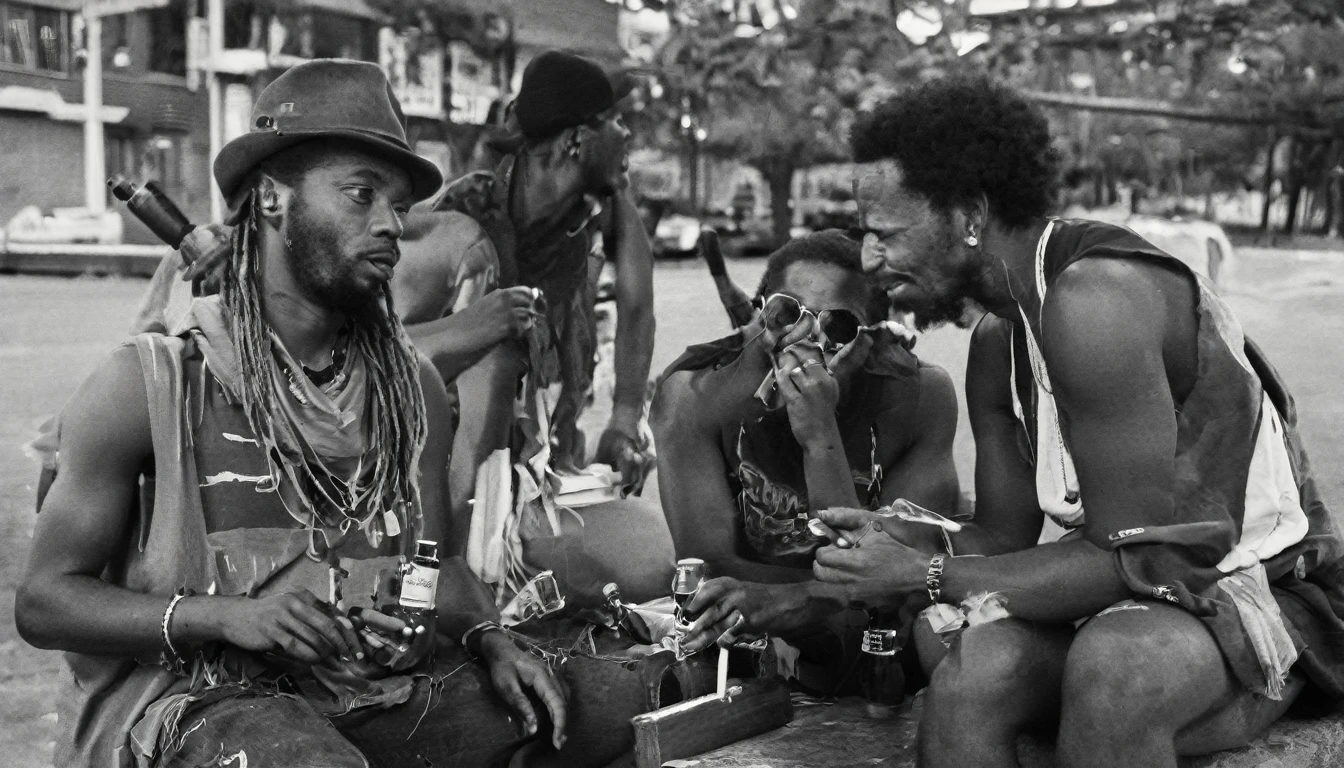 Jamaican Reggae band members are relaxing outside of a concert hall, having a break time near a parking lot. Drinking and smoking. Black and white with natural lighting.