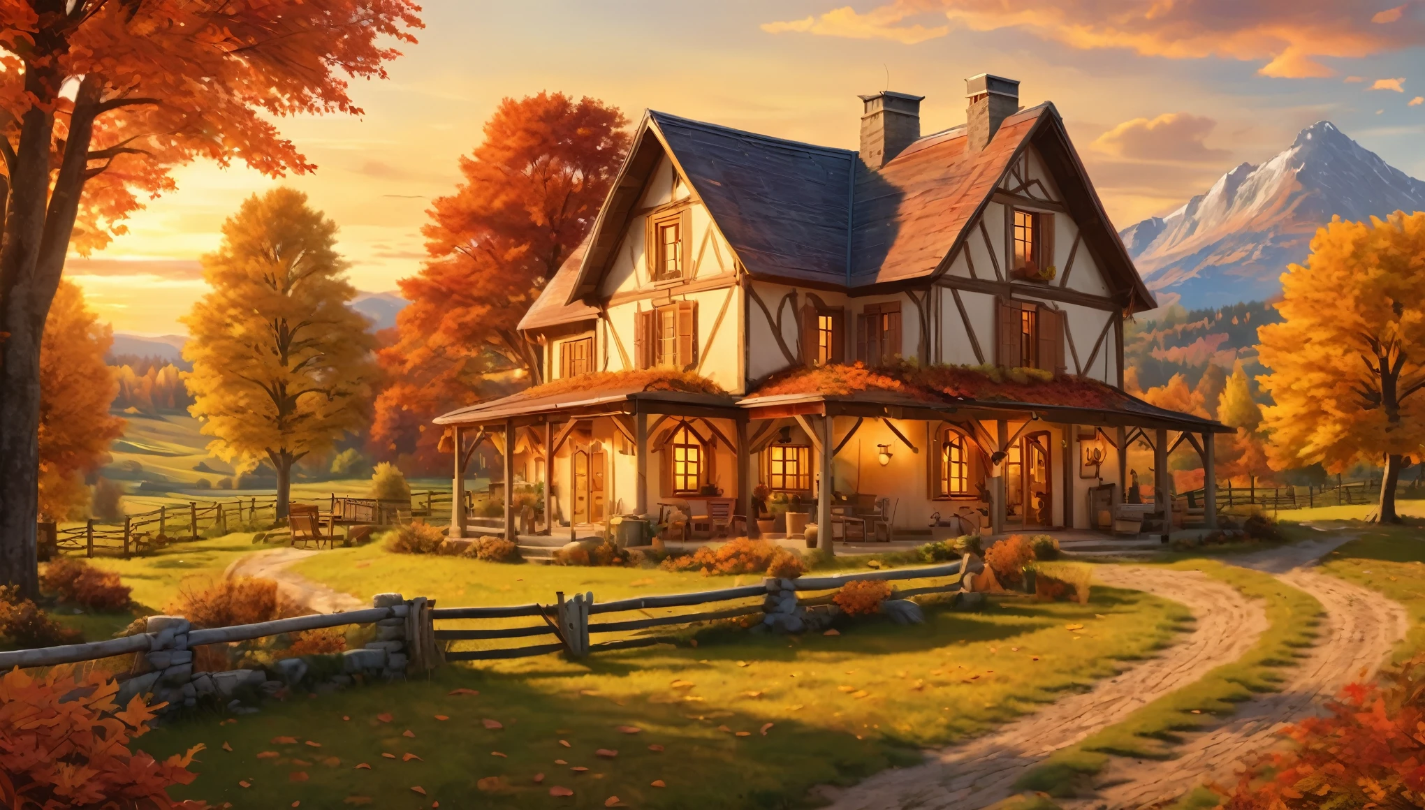 The farmhouse set in a serene autumn landscape with warm, vibrant foliage and a golden sunset. hyper realistic photo, vibrant color, 16k