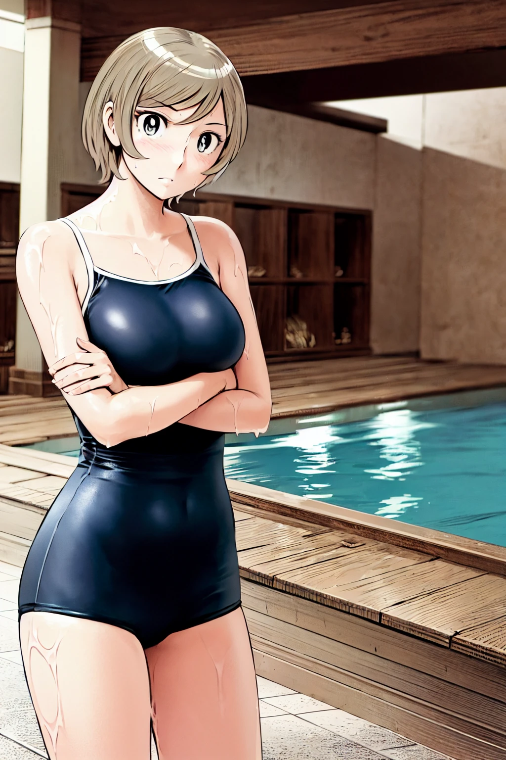 Blonde, (short hair:1.2)、((Illustration of a person))、Big Breasts、
View your viewers,, (Highest quality:1.3),blue eye star piece、Highest quality)、Highest quality, Ultra-high resolution, (((masterpiece))), alone, Sweat、Big eyes、Big Breasts、One Girl, Front view、Embarrassed face、Bronze colored hair、((short hair))、One Girl, alone, blush, Big Breasts,
Bare arms, Wet, Pool, 青いSchool Swimsuit, Thighs, Place your arms at your sides, Bare arms, Cowboy Shot, Are standing, School Swimsuit,bite、High Leg、mansuji、Boobs exposed、Nipples、Shoulder straps fall、One side off-shoulder、Breast Exposure、Happenings