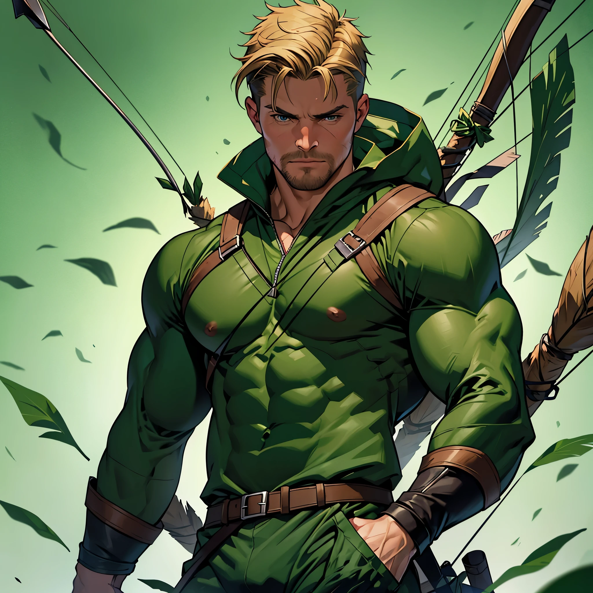 8k, high quality , detailed face , detailed fingers ,detailed muscles stephen amell as green arrow , wearing dark green outfit , showing a dark blond short hair , a thick facial hair , hard nipples, a bulge ,hunk and handsome, aiming with his bow and arrow toward the ennemy