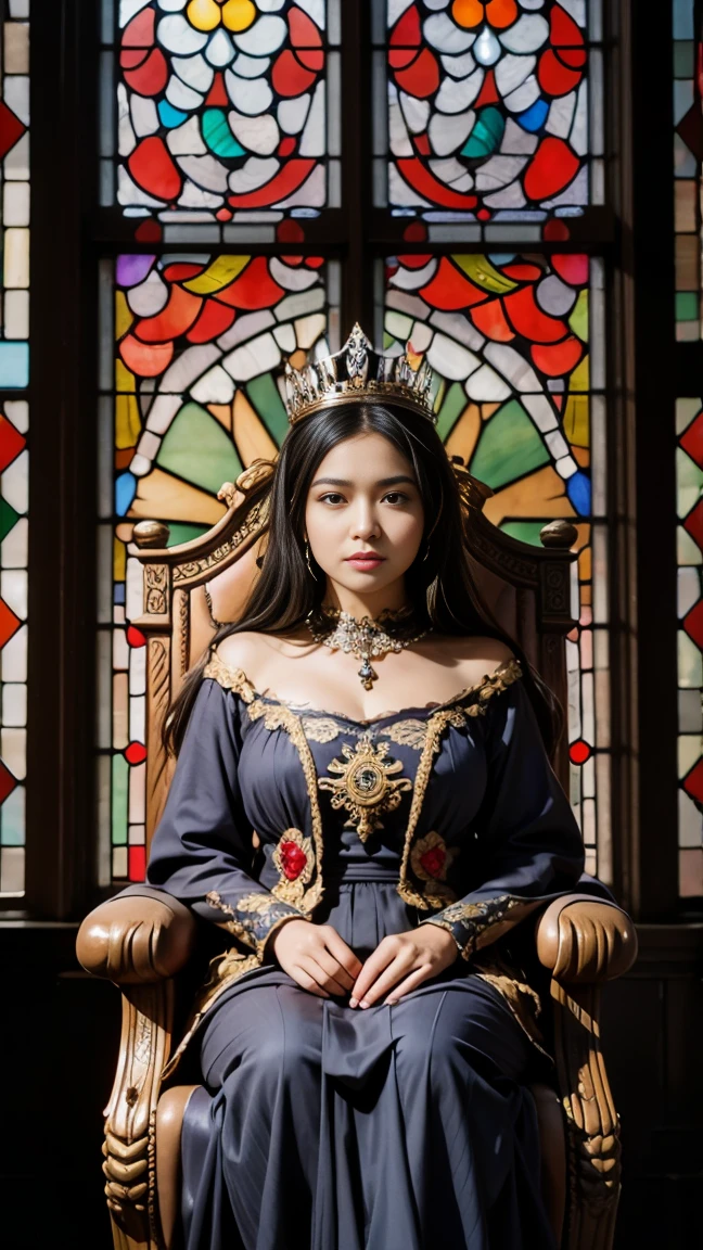 A queen on a throne, black hair, a crown, stained glass window